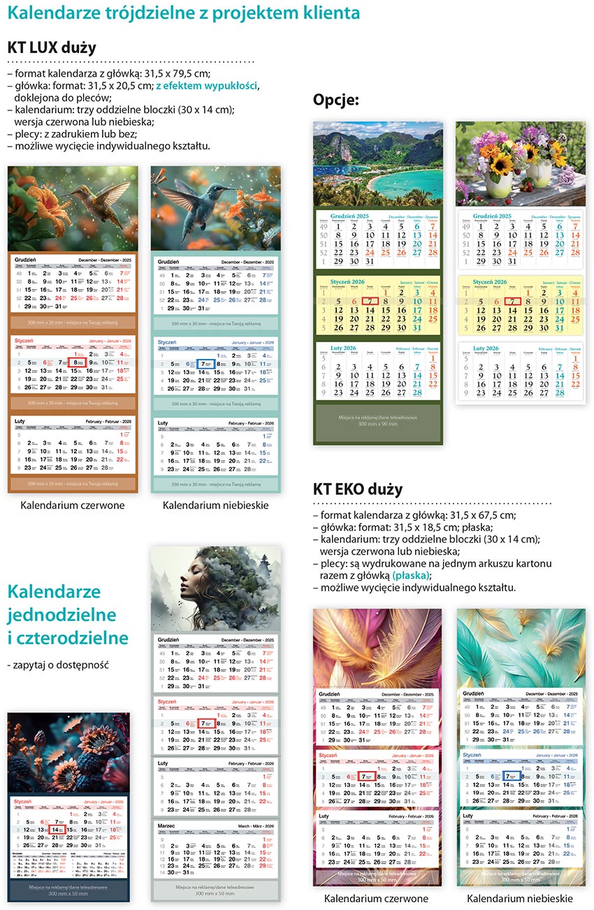 kalendarze trójdzielne z nadrukiem