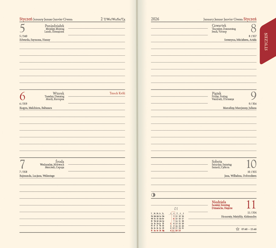 Kalendarz książkowy Model 11T - kalendarium